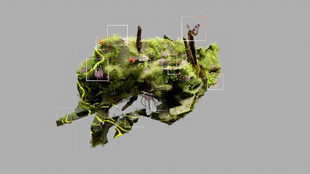 3D rendered abstract eco-system depicting nature and technology symbiosis.