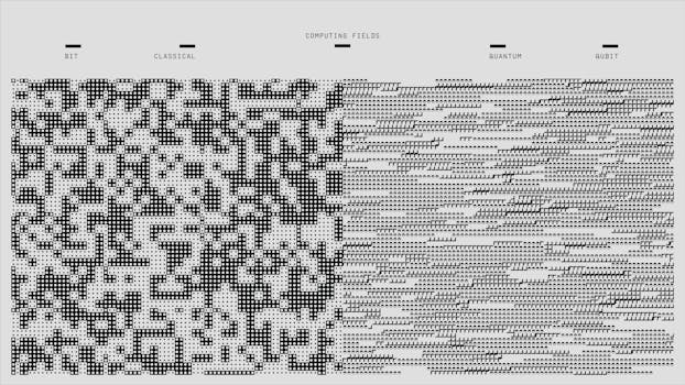 Abstract design showcasing computing fields with geometric and binary patterns in black and white.