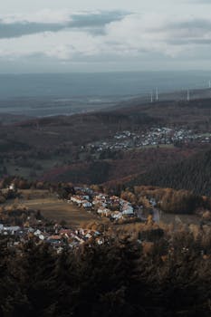 Aerial view of a quaint village nestled in a scenic autumn forest, capturing the essence of rural beauty.