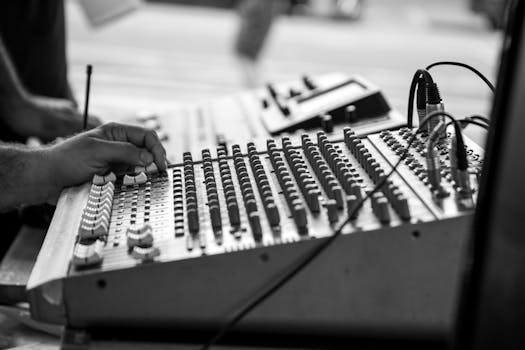 Black and white image of hands operating a sound mixer with knobs and wires.