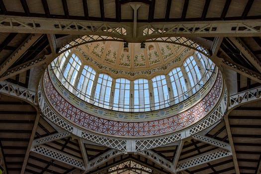 Detailed view of the Mercado Central's dome in Valencia, showcasing intricate architecture and design.