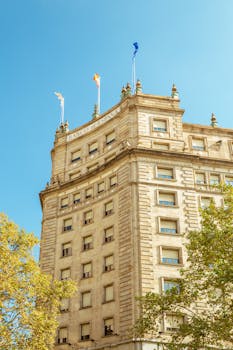 Elegant architectural facade of the Banco de España building in Barcelona under a clear blue sky.