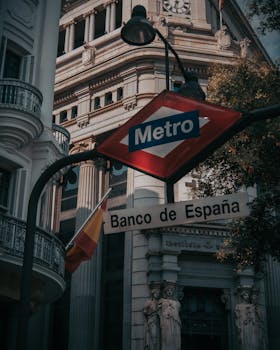Urban view of Madrid's Banco de España with metro sign in the foreground, capturing city life.